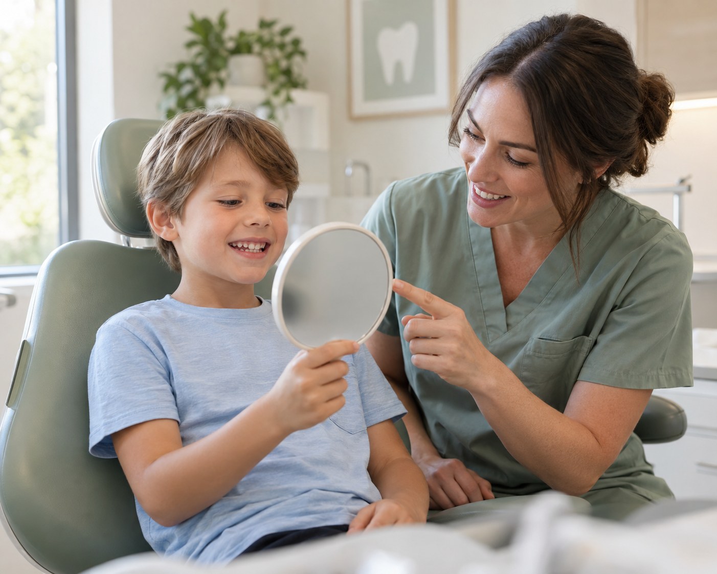 Illustrative child discussing dental care with a dental professional