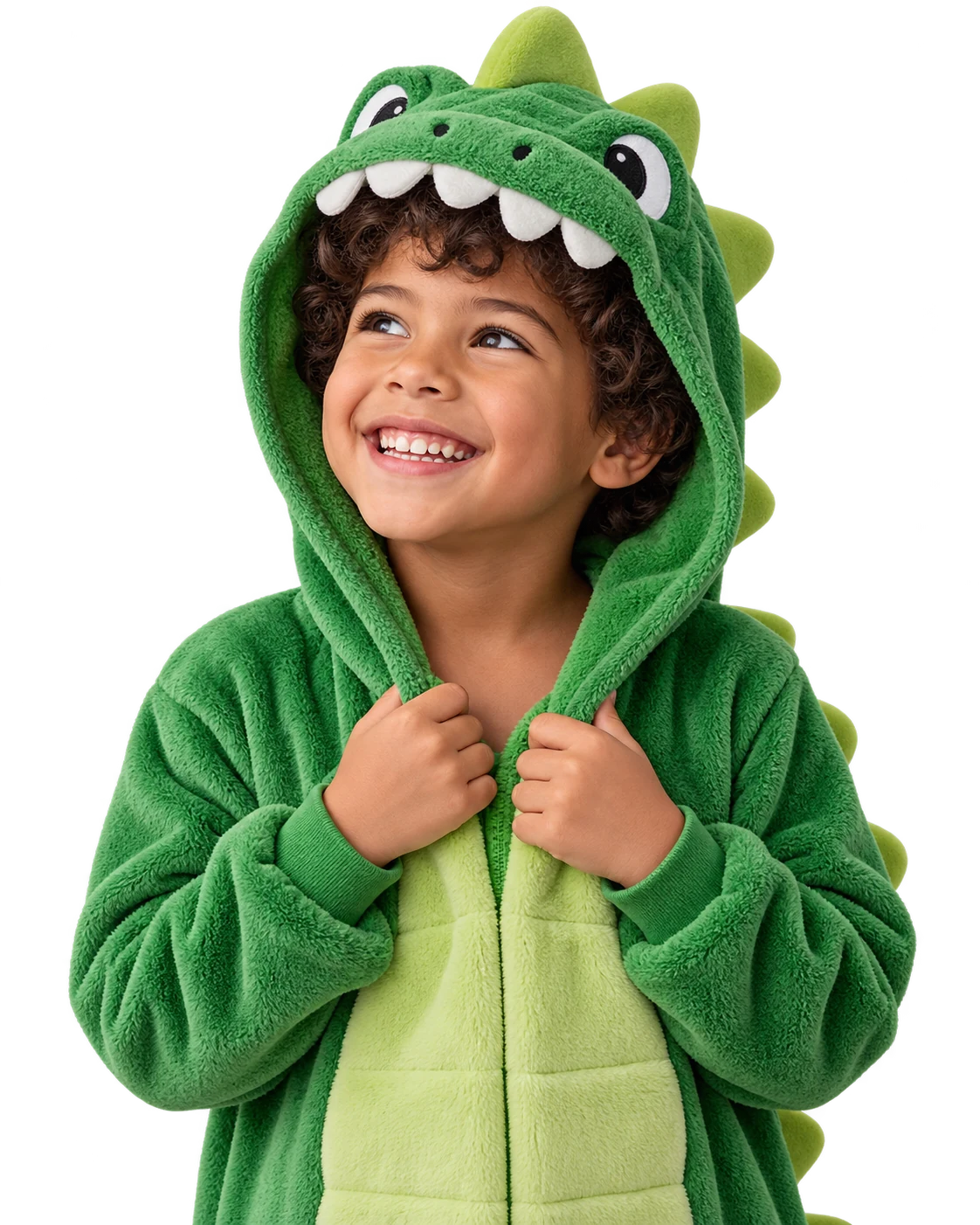 Illustrative smiling child in a playful green dinosaur costume